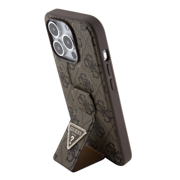 Husa iPhone 15 Pro originala Guess Grip Stand 4G Triangle Strass GUHCP15LPGS4TDW - Maro - Img 3