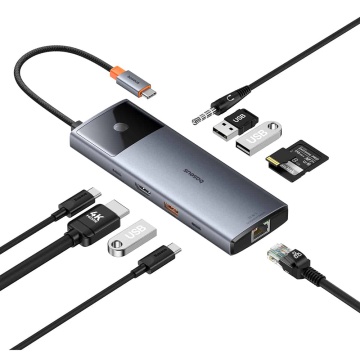 Hub USB-C la HDMI, 3xUSB, 2xUSB-C, RJ45, SD,TF, Jack3.5mm Baseus, B00061800813-00 - Gri - Img 2