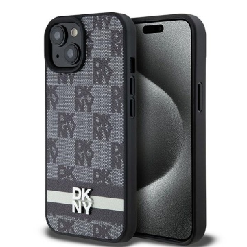 Husa iPhone 15 Plus - DKNY Leather Checkered Mono Pattern & Printed Stripes (DKHCP15MPCPTSSK) - Black - Img 1