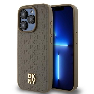 Husa iPhone 15 Pro - DKNY Leather Monogram Pattern Metal Logo MagSafe (DKHMP15LPSHRPSW) - Brown - Img 1