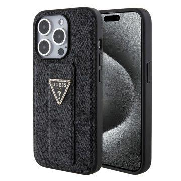 Husa iPhone 15 Pro originala Guess Grip Stand 4G Triangle Strass GUHCP15LPGS4TDK - Negru - Img 1