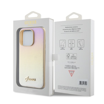 Husa originala Guess iPhone 15 Pro Max Saffiano Iridescent Script GUHCP15XPSAIRSD - Auriu - Img 2