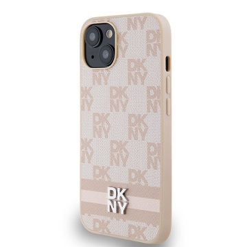 Husa iPhone 15 Plus - DKNY Leather Checkered Mono Pattern & Printed Stripes (DKHCP15MPCPTSSP) - Pink - Img 2