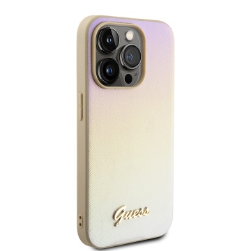 Husa originala Guess iPhone 15 Pro Max Saffiano Iridescent Script GUHCP15XPSAIRSD - Auriu - Img 3