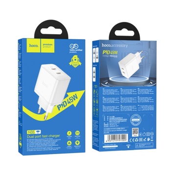 Incarcator de perete Hoco, Streamer (N35) - Port dublu 2x Type-C PD45W - Alb - Img 4