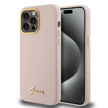 Husa Guess iPhone 15 Pro Max Silicone Script Metal Logo & Frame GUHCP15XSMBSLP - Roz - Img 1