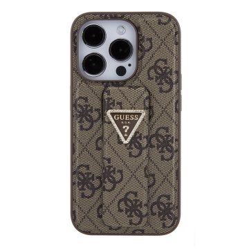 Husa iPhone 15 Pro originala Guess Grip Stand 4G Triangle Strass GUHCP15LPGS4TDW - Maro - Img 6