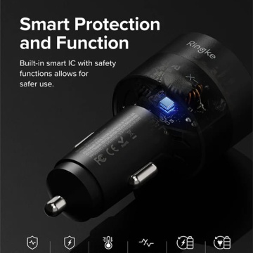 Incarcator auto USB, 2x Type-C Ringke, PD30W, QC3.0, negru - Img 7