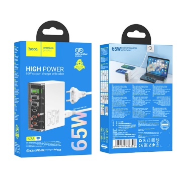 Incarcator de perete Hoco, Fuerza (N36) - 3x USB, 3x Type-C, 65W cu cablu DC - Alb - Img 7