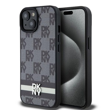 Husa iPhone 15 - DKNY Leather Checkered Mono Pattern & Printed Stripes (DKHCP14SPCPTSSK) - Black - Img 1