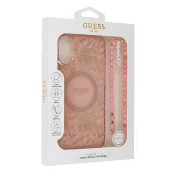 Husa iPhone 16 Plus Guess IML Flowers Allover Electro With Pearl Strap MagSafe - Roz - Img 2