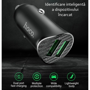 Incarcator auto Hoco Z39, 2x USB QC3.0, 18W, negru - Img 4