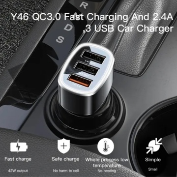Incarcatorde auto (Y46) - 3x USB, 2.4A, Q.C3.0, Incarcare rapida, 42W - Negru - Img 5