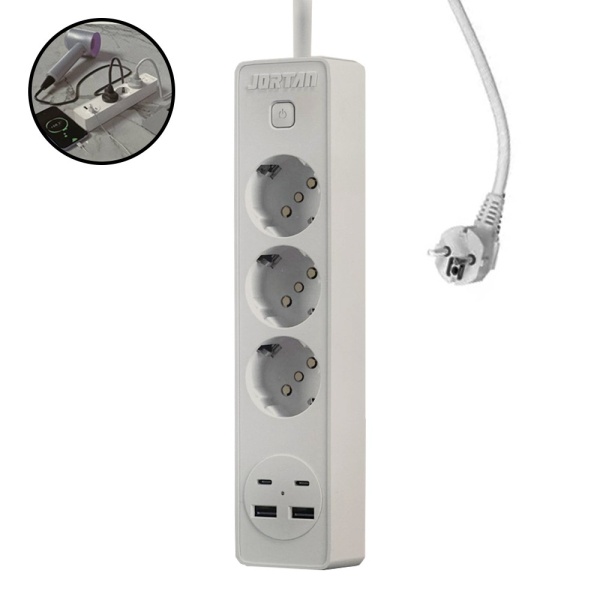 Prelungitor JORTAN OG2203 cu 3 prize, 2 porturi USB si 2 Type C