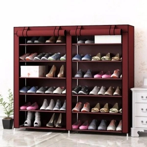 Dulap de pantofi textil dublu cu 12 rafturi si 36 perechi de incaltaminte