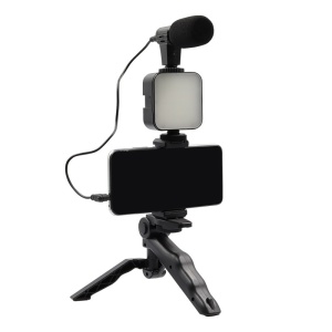 Set pentru vloguri 4 in 1 cu microfon, lampa LED, trepied si suport de telefon