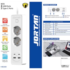 Prelungitor JORTAN cu 2 prize, 2 porturi USB si 2 Type C, lungime 2 metri - Img 3
