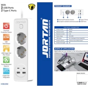 Prelungitor JORTAN cu 2 prize, 2 porturi USB si 2 Type C, lungime 2 metri - Img 3