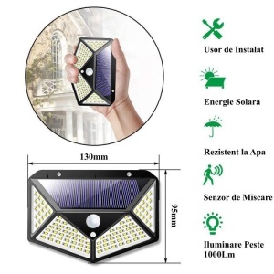 Lampa de perete solara si senzor de miscare cu 100 Leduri - Img 3