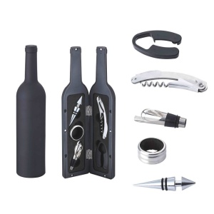 Set cadou accesorii si desfacator pentru vin in cutie de lemn
