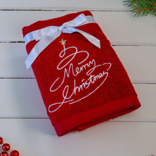 Червена коледна кърпа с бродерия – Merry Christmas - OLIMA