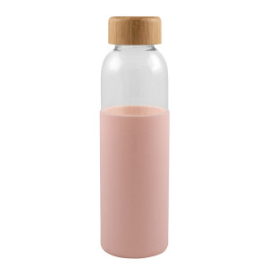 Бутилка за вода от стъкло 500мл с Бамбукова капачка GIN Розова - Img 1