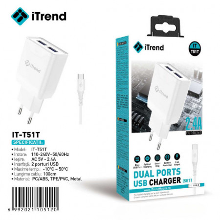 INCARCATOR TELEFON ITREND T 51 TIP C 2 X USB 2.4A