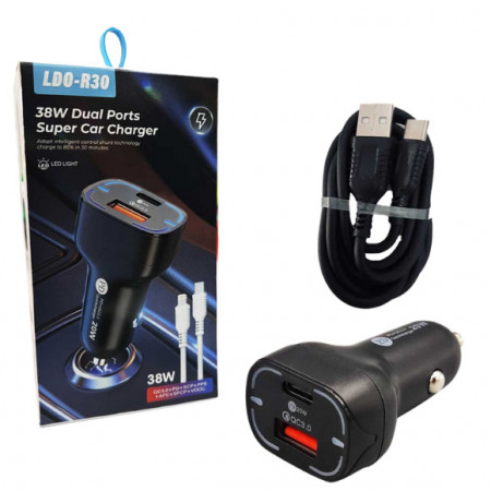 INCARCATOR AUTO 38W CABLU TIP C PD+QC 3.0 + USB LD0 R30 ALB