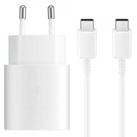 Incarcator + cablu Samsung Super Fast Charging (Max. 25W), C to C Cable, Black - TA800, pentru Samsung S10, S10+, S20, S20 5G, A70, A80 - Alb