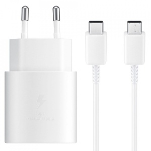 Incarcator + cablu Samsung Super Fast Charging (Max. 25W), C to C Cable, Black - TA800, pentru Samsung S10, S10+, S20, S20 5G, A70, A80 - Alb