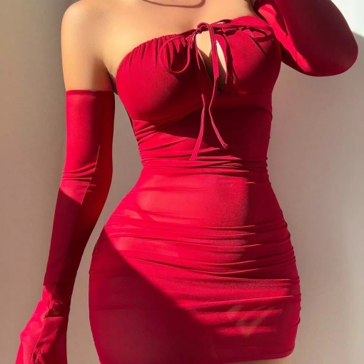 Set lenjerie intima sexy elastica, cu rochie, maneci lungi si chilot, rosu visiniu, 3 piese #BB4539
