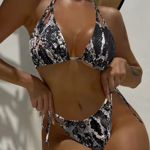 Costum de baie 2 piese sidefat, imprimeu sarpe si slip reglabil, negru/ argintiu #BB2215