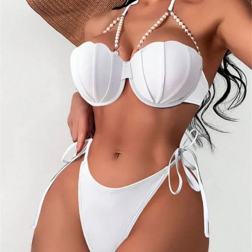 Costum de baie 2 piese, sutien cu push-up si perle albe decorative, slip brazilian reglabil, alb #BB2144
