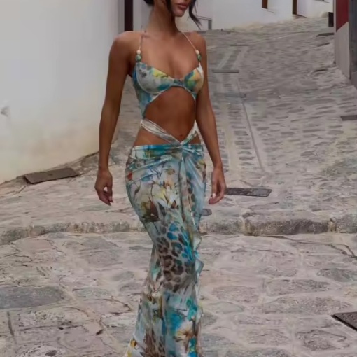 Rochie lunga de plaja cu decupaj in zona abdomenului, multicolor #BB2037