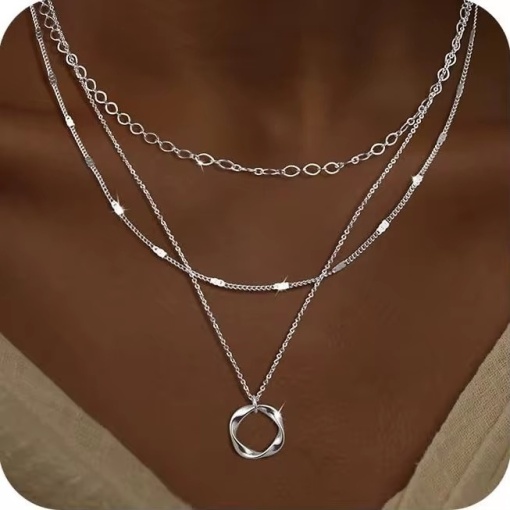 Set colier triplu cu pandantiv cerc, argintiu #BB4786