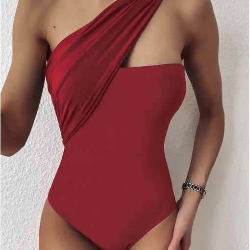 Costum de baie intreg sexy, pe un umar, cu decupaj la spate, visiniu #BB1091