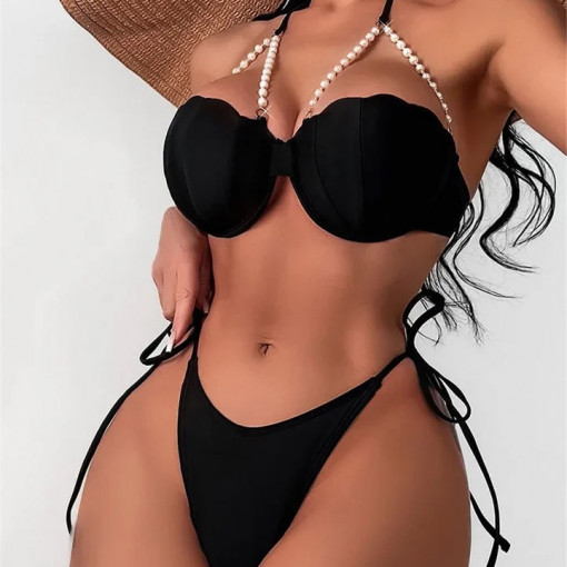 Costum de baie 2 piese, sutien cu push-up si perle albe decorative, slip brazilian reglabil, negru #BB2066