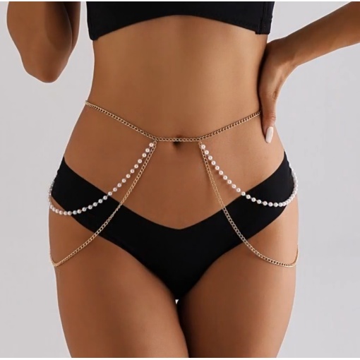 Accesoriu tip body chain pentru talie cu perle, auriu #BB4568