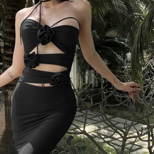 Rochie midi mulata cu decupaje si trandafiri decorativi, negru #BB1076