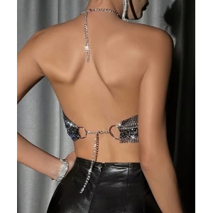 Body chain tip bustiera cu lanturi si cristale, negru #BB4049 - Img 7