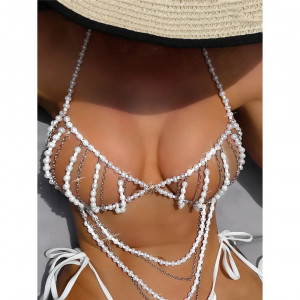 Body chain tip sutien cu lanturi argintii si perle albe #BB1142 - Img 3