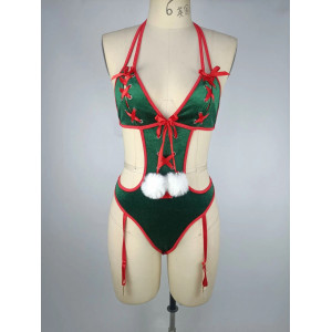 Body cu tematica spiridusa sexy din catifea, cu decupaje si snururi decorative, verde/ rosu#BB4348 - Img 7