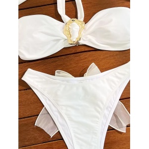 Costum de baie 2 piese cu cataramă metalică și funda decorativă la slip , alb #BB2187 - Img 5