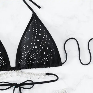 Costum de baie 2 piese cu elemente metalice si cristale decorative, negru #BB2540 - Img 9