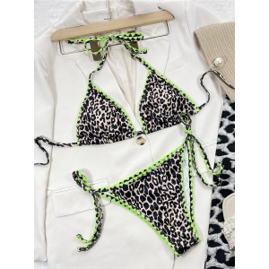 Costum de baie 2 piese cu imprimeu leopard si slip reglabil, bej/ negru #BB2028 - Img 4