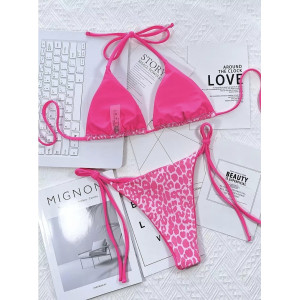 Costum de baie 2 piese cu imprimeu leopard si slip reglabil, roz/ roz neon #BB2558 - Img 3