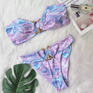 Costum de baie 2 piese cu talie inalta si catarame metalice aurii la slip si sutien, lila #BB2547 - Img 7