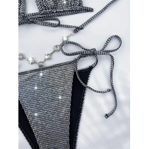 Costum de baie 2 piese metalizat cu decupaje la slip si cristale decorative, argintiu #BB2076 - Img 6