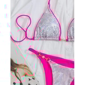 Costum de baie 2 piese metalizat cu insertii roz fucsia si perle decorative, argintiu #BB2359 - Img 6