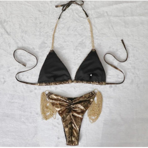 Costum de baie 2 piese metalizat, imprimeu sarpe si lanturi decorative aurii, maro/ auriu #BB2360 - Img 10